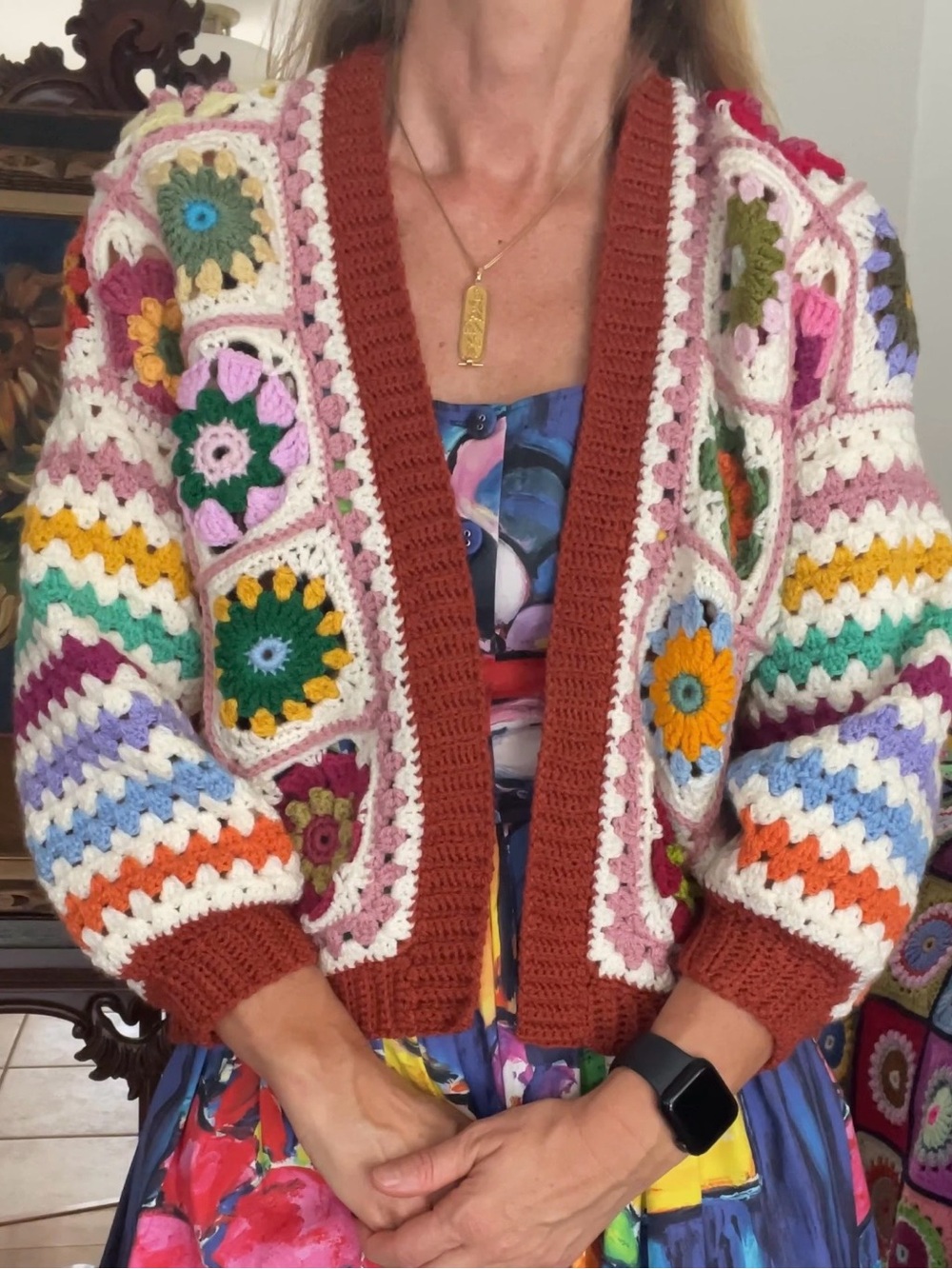 Multicolor Crochet Granny Square Cardigan Sweater - Cream Base with Rust Trim - Picture 5 of 5